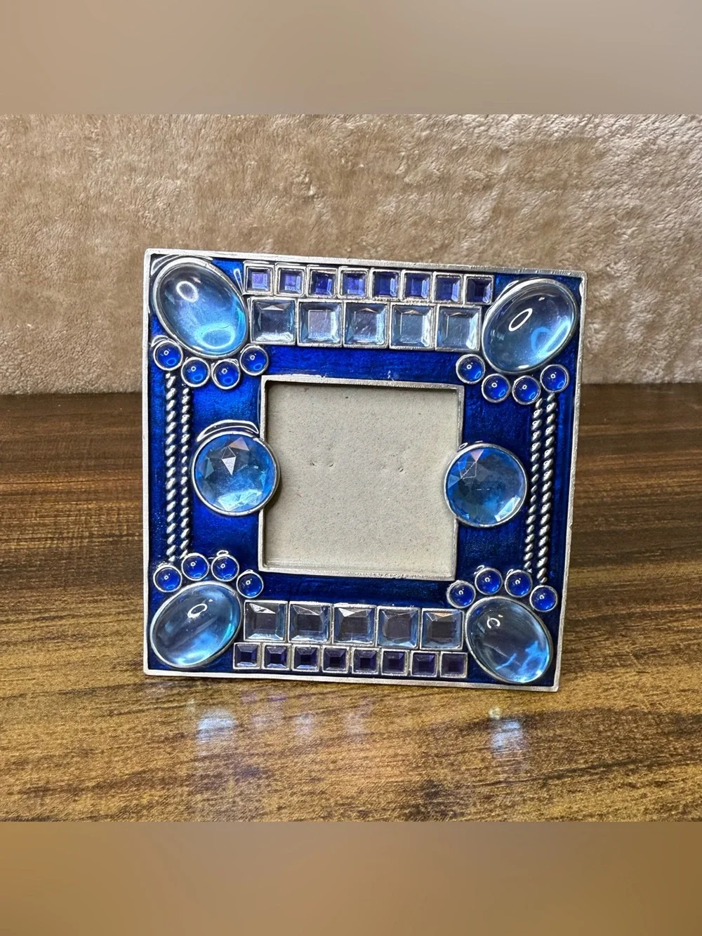 Y2K Ornate Jewel Blue Enamel Pewter Picture Frame 2x2 Photo Funky 90s Whimsigoth
